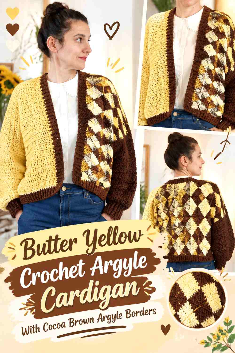 Butter Yellow Crochet Argyle Cardigan With Cocoa Brown Argyle Borders