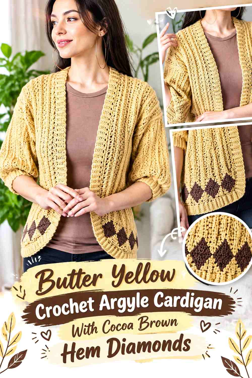 Butter Yellow Crochet Argyle Cardigan With Cocoa Brown Hem Diamonds