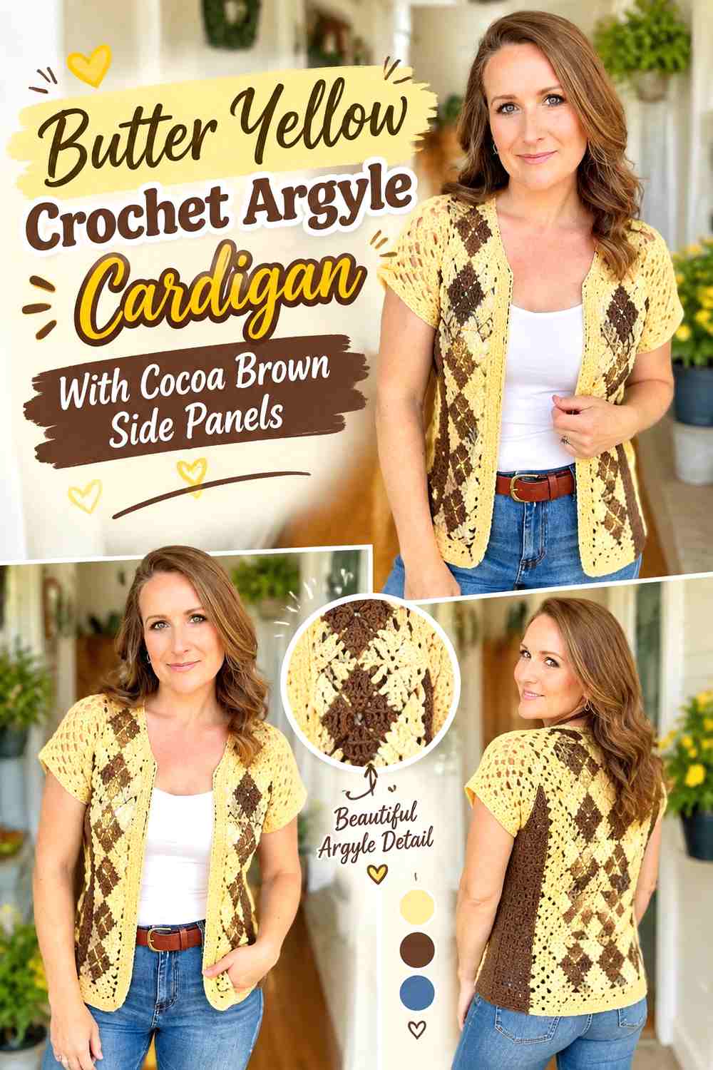 Butter Yellow Crochet Argyle Cardigan With Cocoa Brown Side Panels