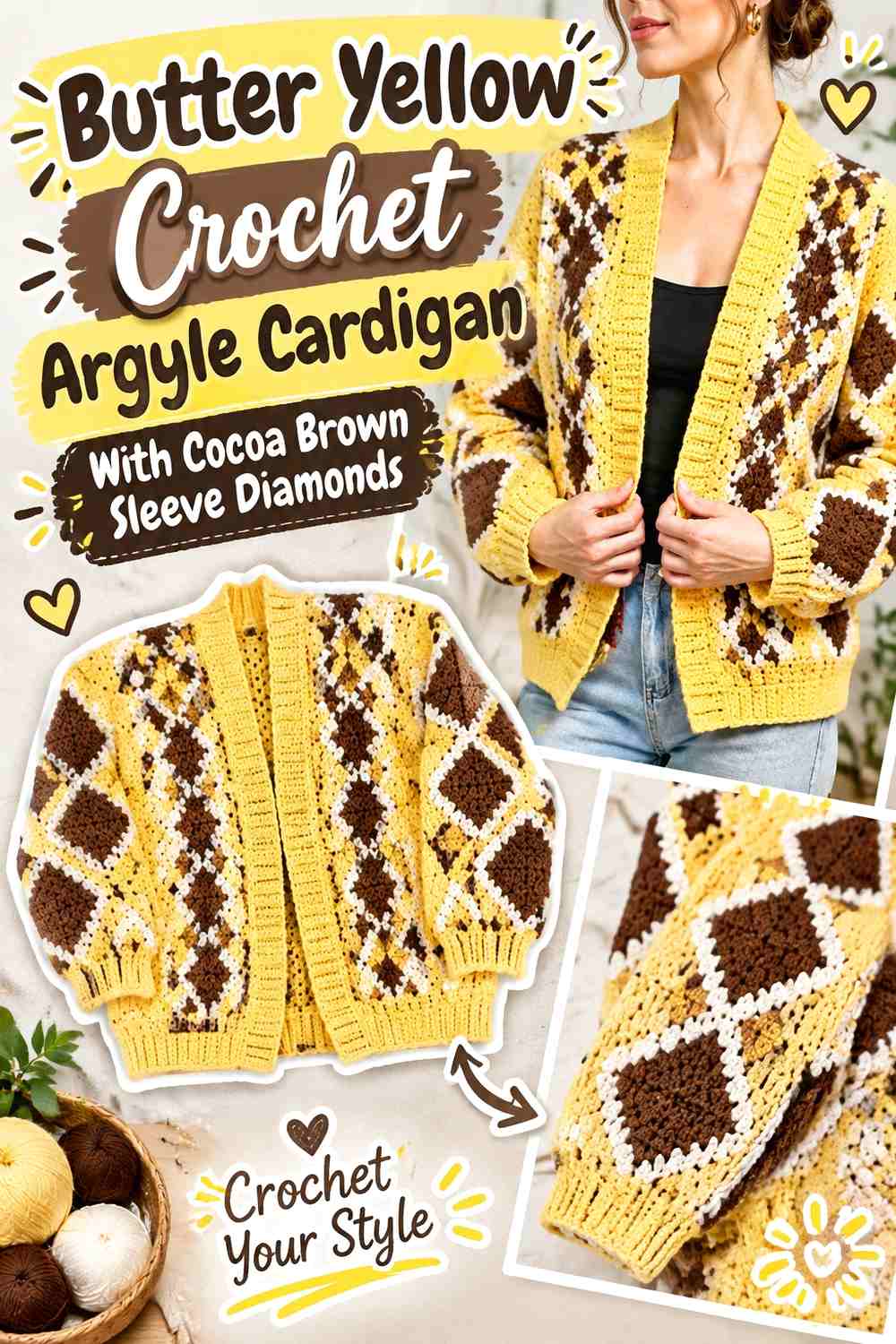 Butter Yellow Crochet Argyle Cardigan With Cocoa Brown Sleeve Diamonds