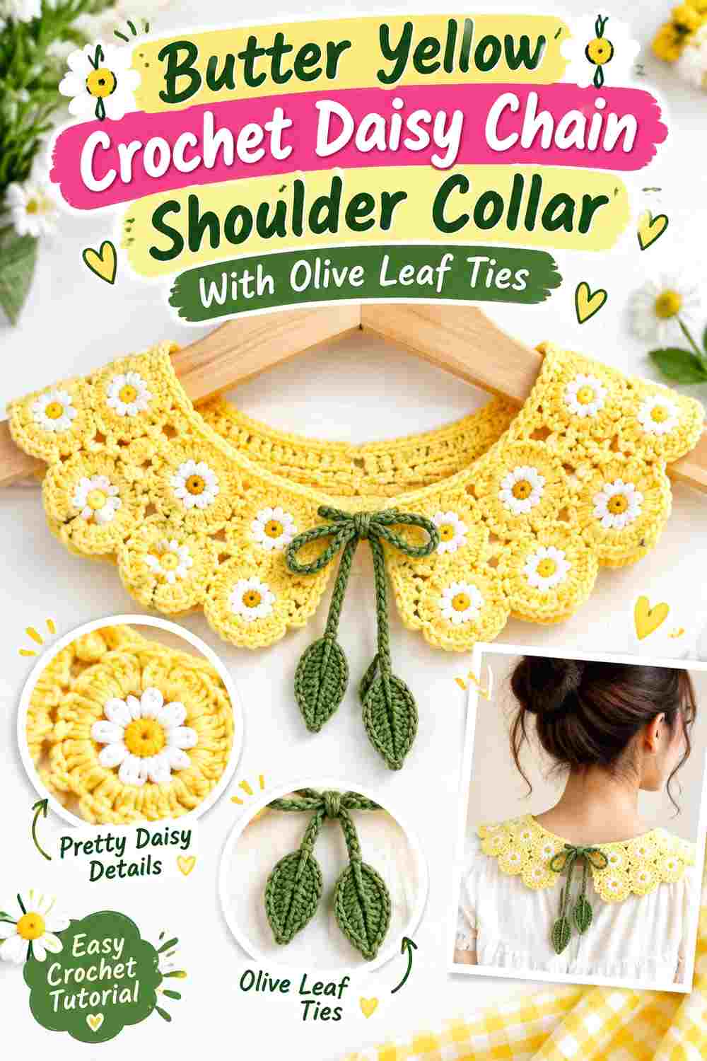 3. Butter Yellow Crochet Daisy Chain Shoulder Collar With Olive Leaf Ties