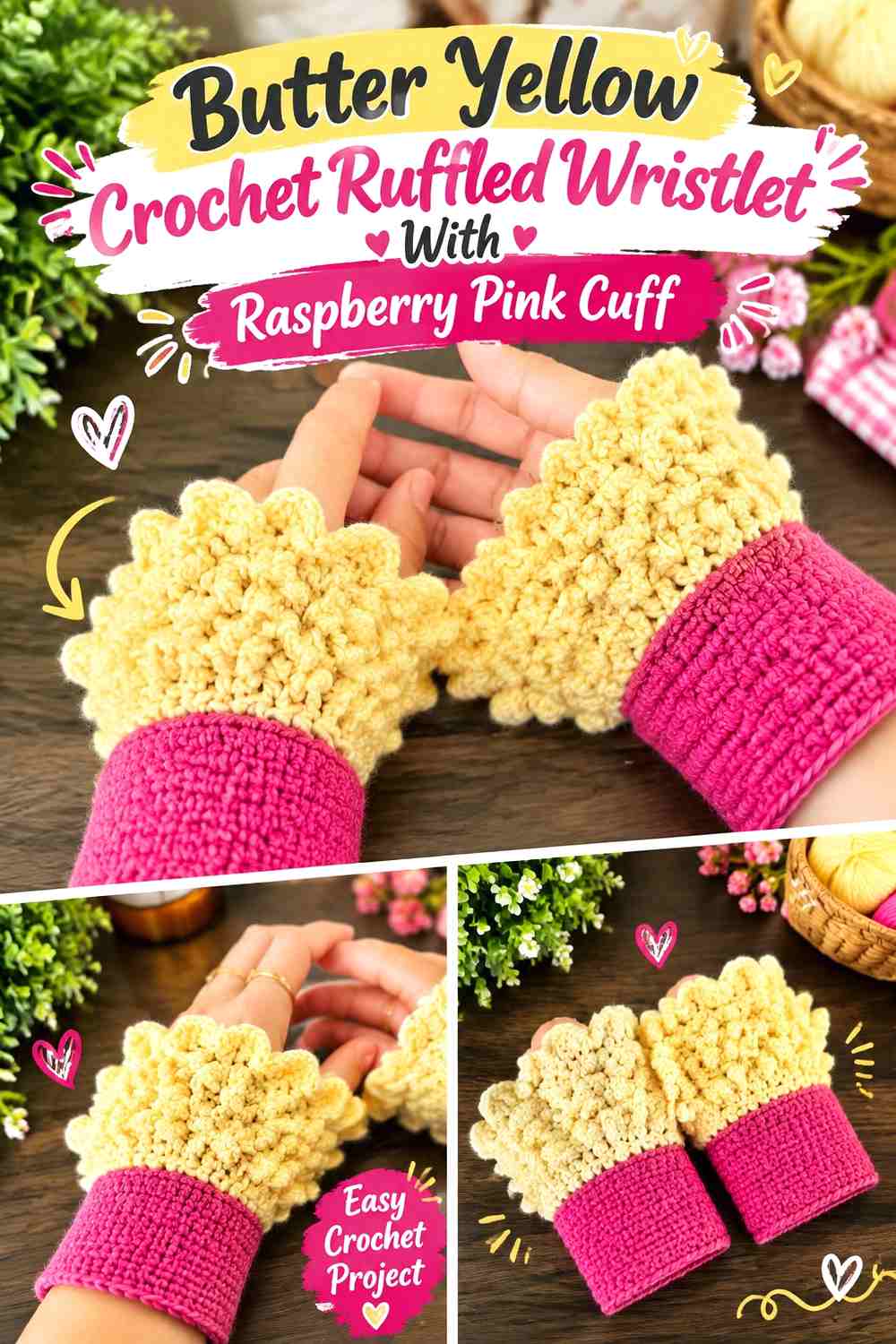 Butter Yellow Crochet Ruffled Wristlet With Raspberry Pink Cuff