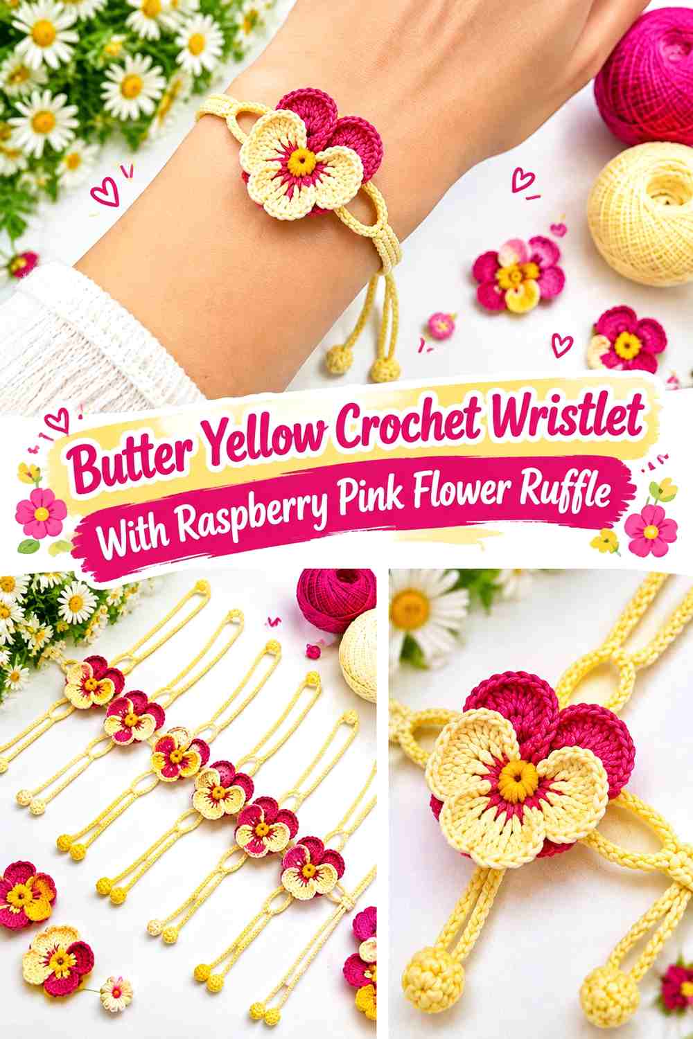 Butter Yellow Crochet Wristlet With Raspberry Pink Flower Ruffle