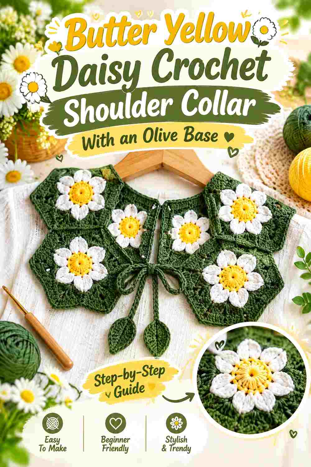 1. Butter Yellow Daisy Crochet Shoulder Collar With An Olive Base