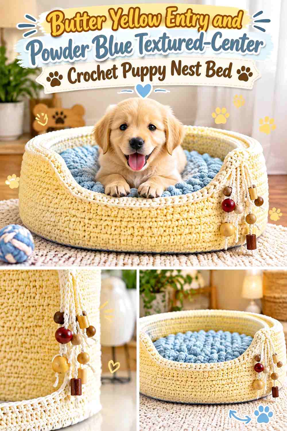 Butter Yellow Entry and Powder Blue Textured-Center Crochet Puppy Nest Bed