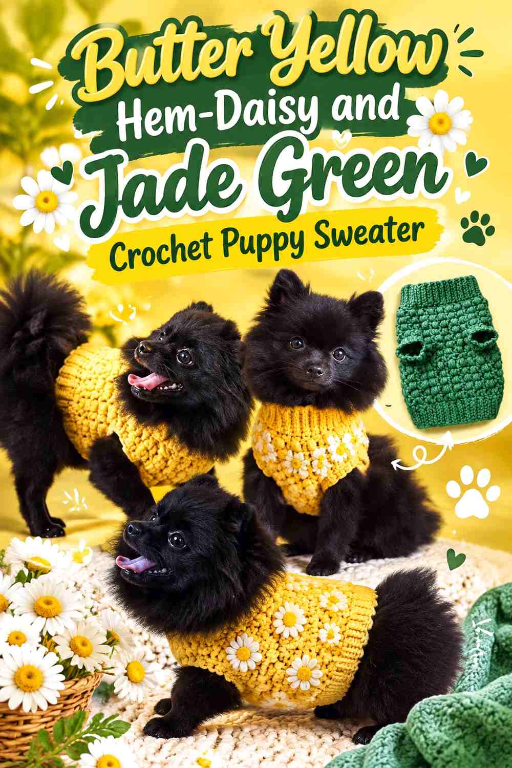 Butter Yellow Hem-Daisy and Jade Green Crochet Puppy Sweater