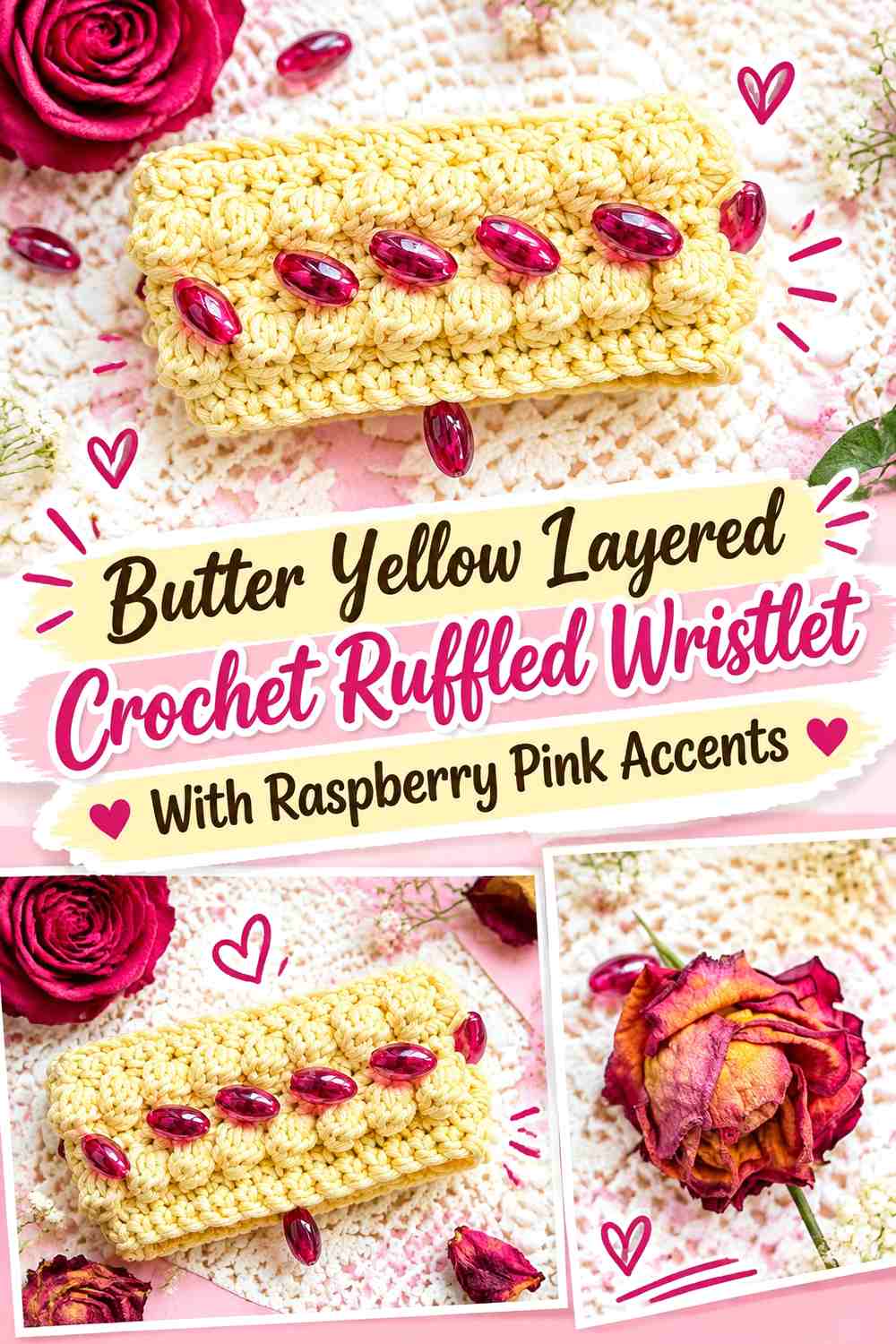 Butter Yellow Layered Crochet Ruffled Wristlet With Raspberry Pink Accents
