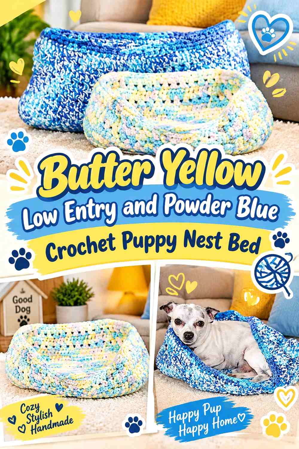 Butter Yellow Low Entry and Powder Blue Crochet Puppy Nest Bed