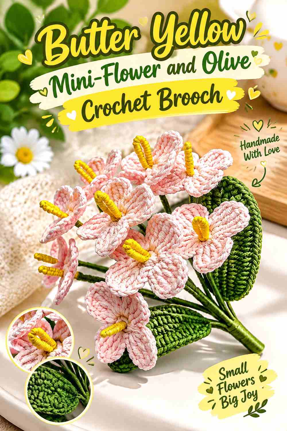 10. Butter Yellow Mini Flower And Olive Crochet Brooch