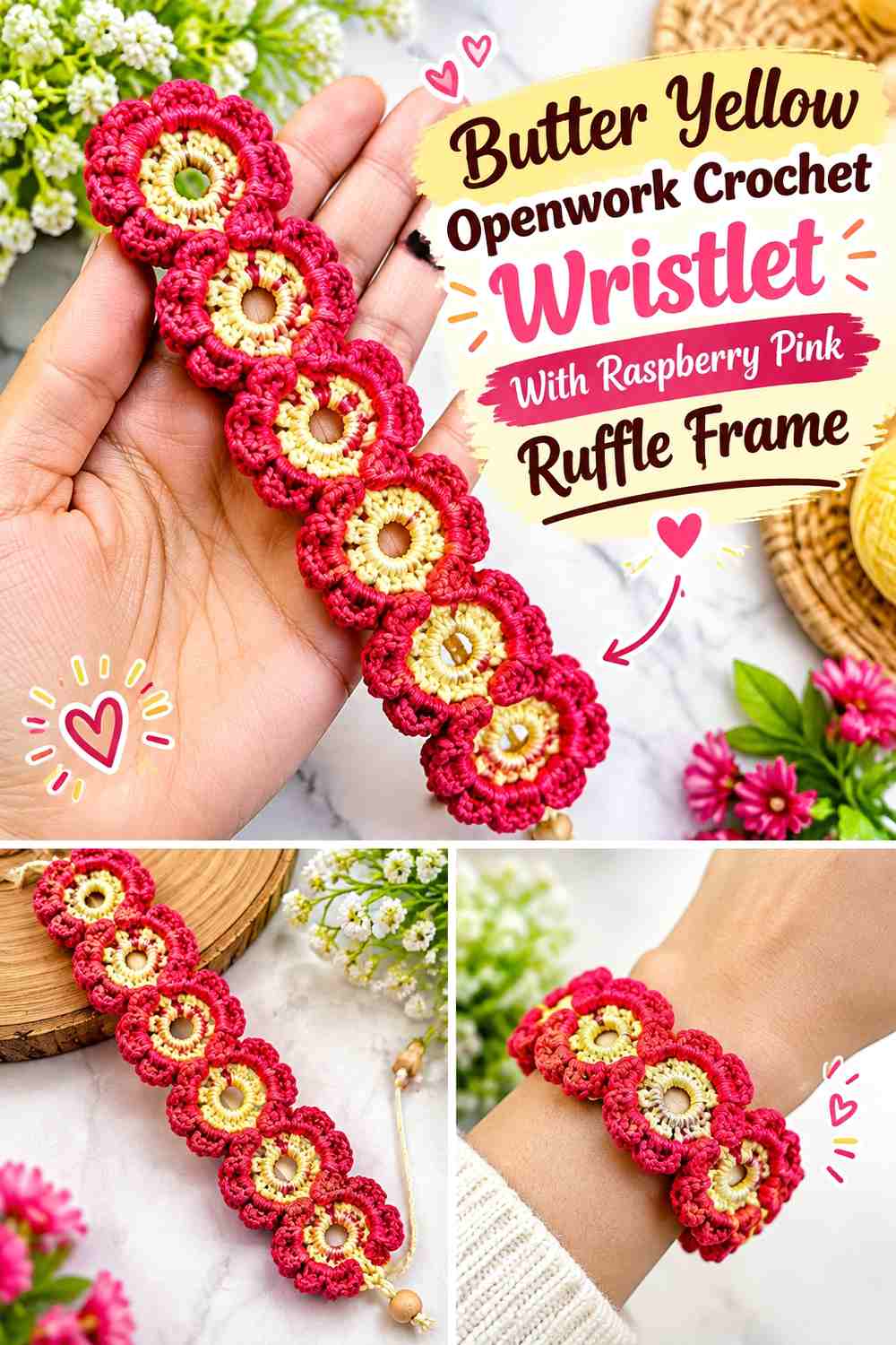 Butter Yellow Openwork Crochet Wristlet With Raspberry Pink Ruffle Frame