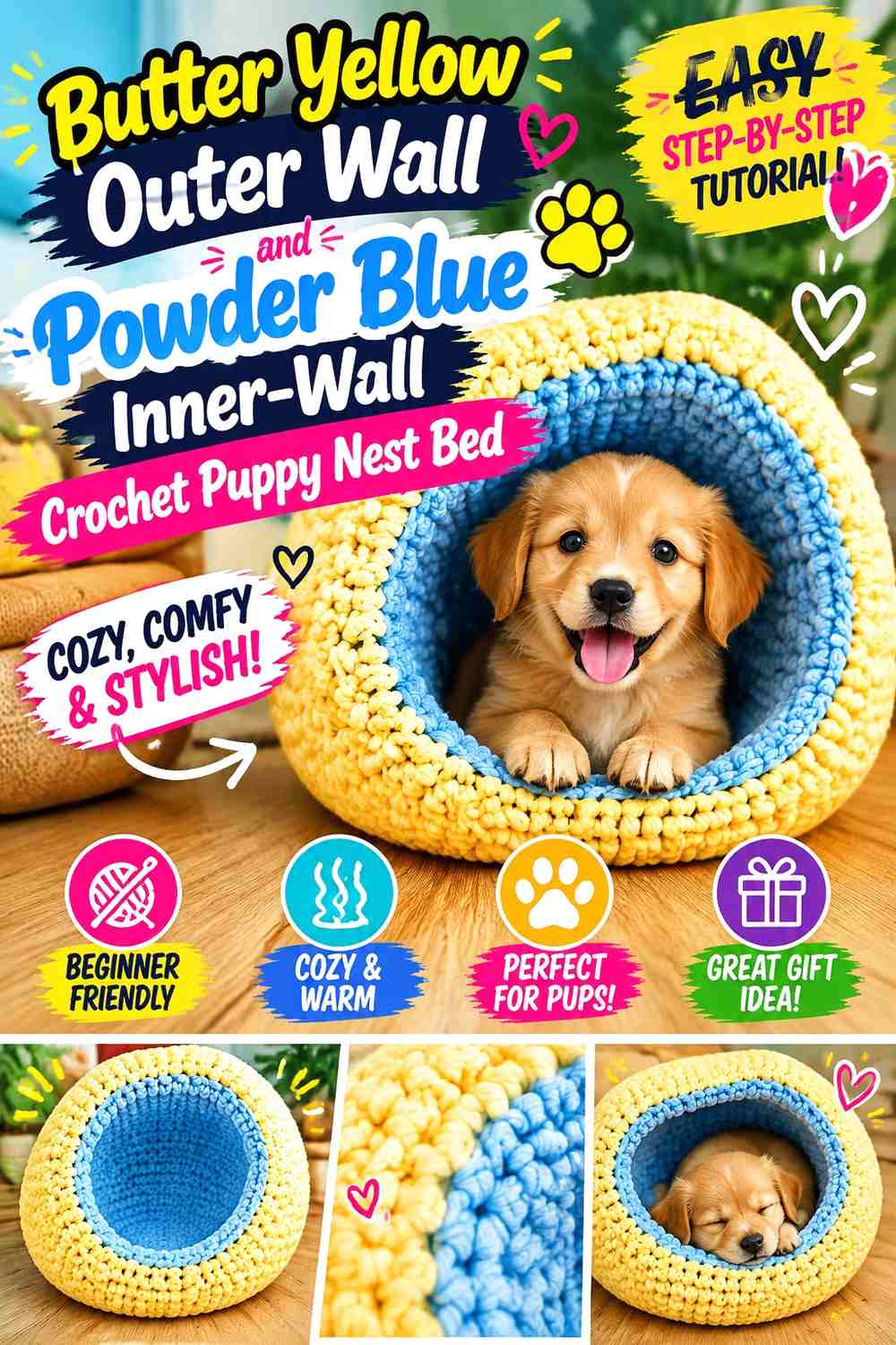 Butter Yellow Outer Wall and Powder Blue Inner-Wall Crochet Puppy Nest Bed