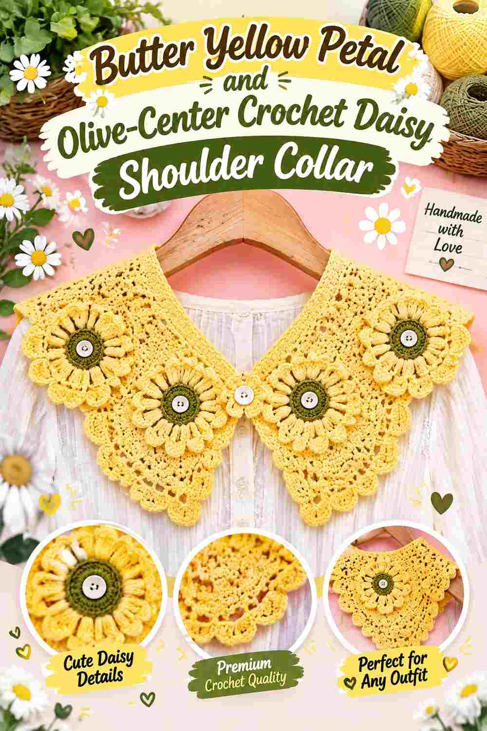 2. Butter Yellow Petal And Olive Center Crochet Daisy Shoulder Collar