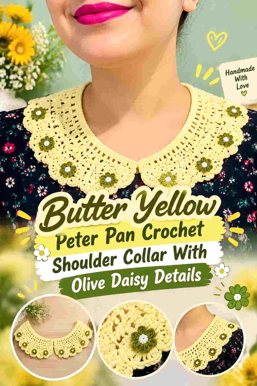 5. Butter Yellow Peter Pan Crochet Shoulder Collar With Olive Daisy Details