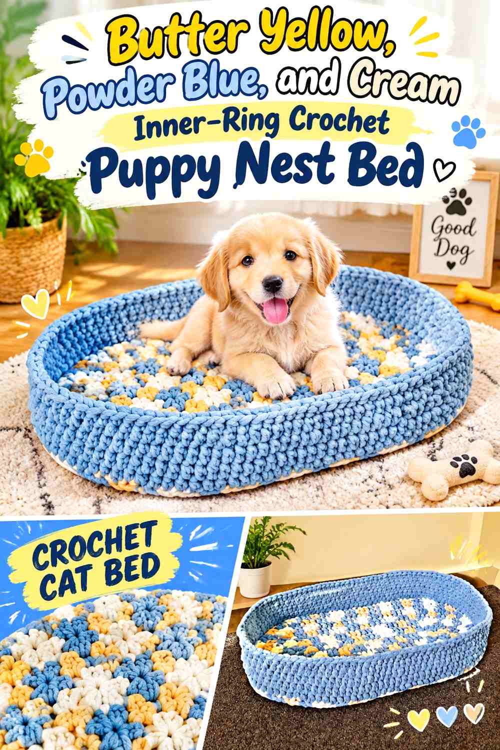Butter Yellow, Powder Blue, and Cream Inner-Ring Crochet Puppy Nest Bed