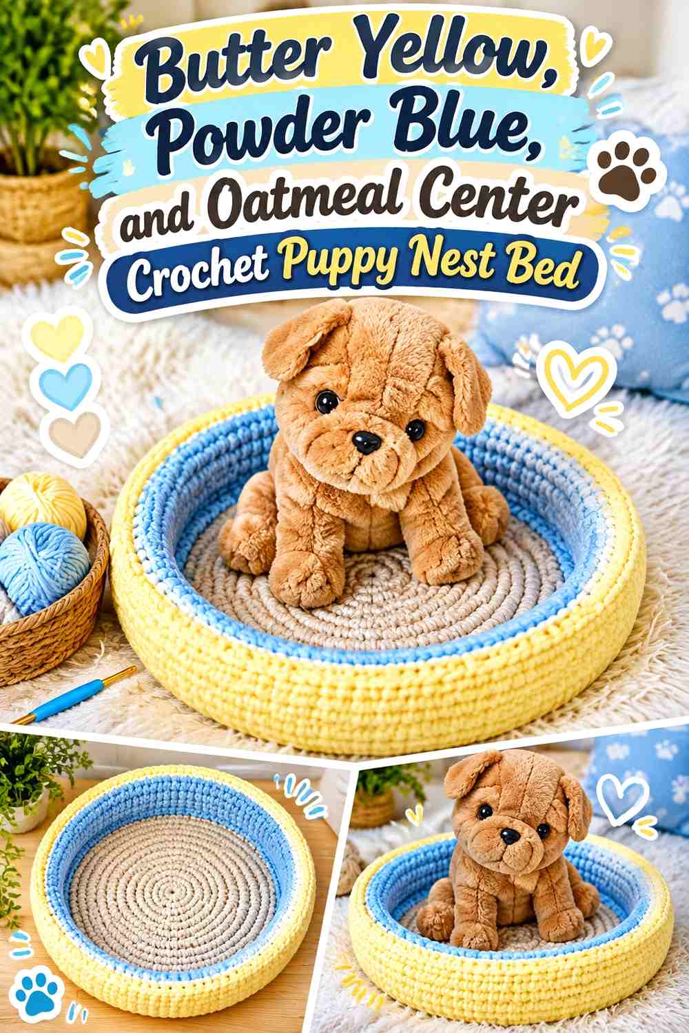 Butter Yellow, Powder Blue, and Oatmeal Center Crochet Puppy Nest Bed