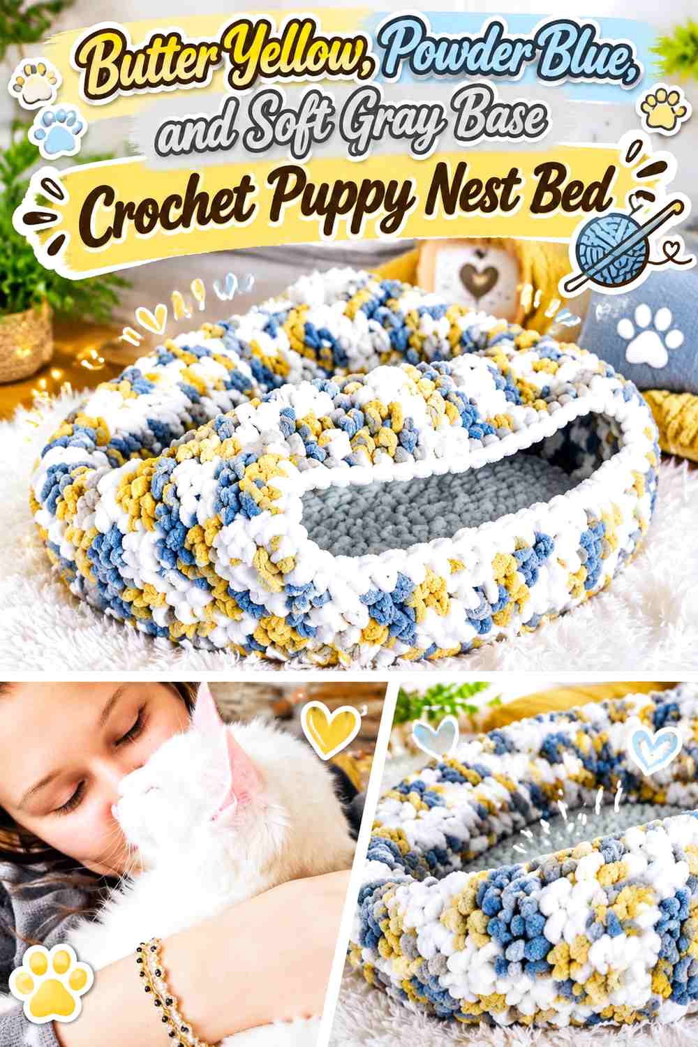 Butter Yellow, Powder Blue, and Soft Gray Base Crochet Puppy Nest Bed