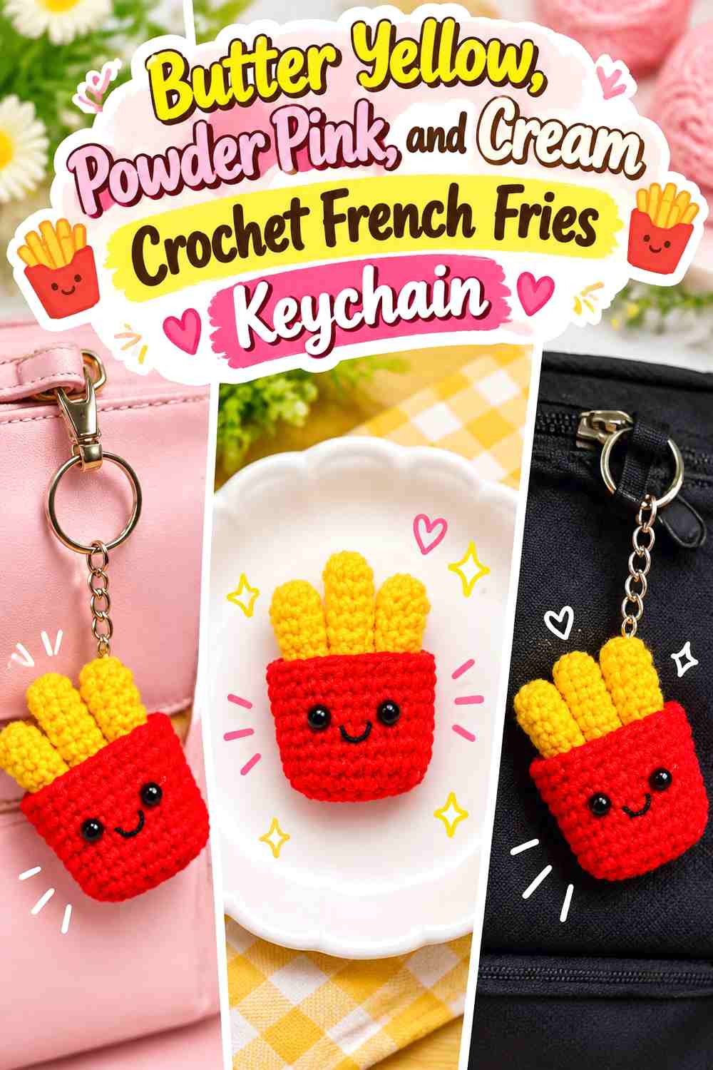 Butter Yellow, Powder Pink, and Cream Crochet French Fries Keychain