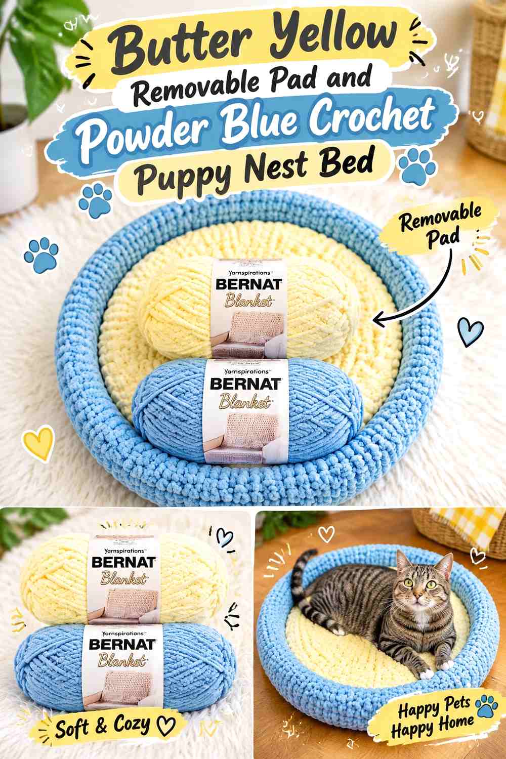 Butter Yellow Removable Pad and Powder Blue Crochet Puppy Nest Bed