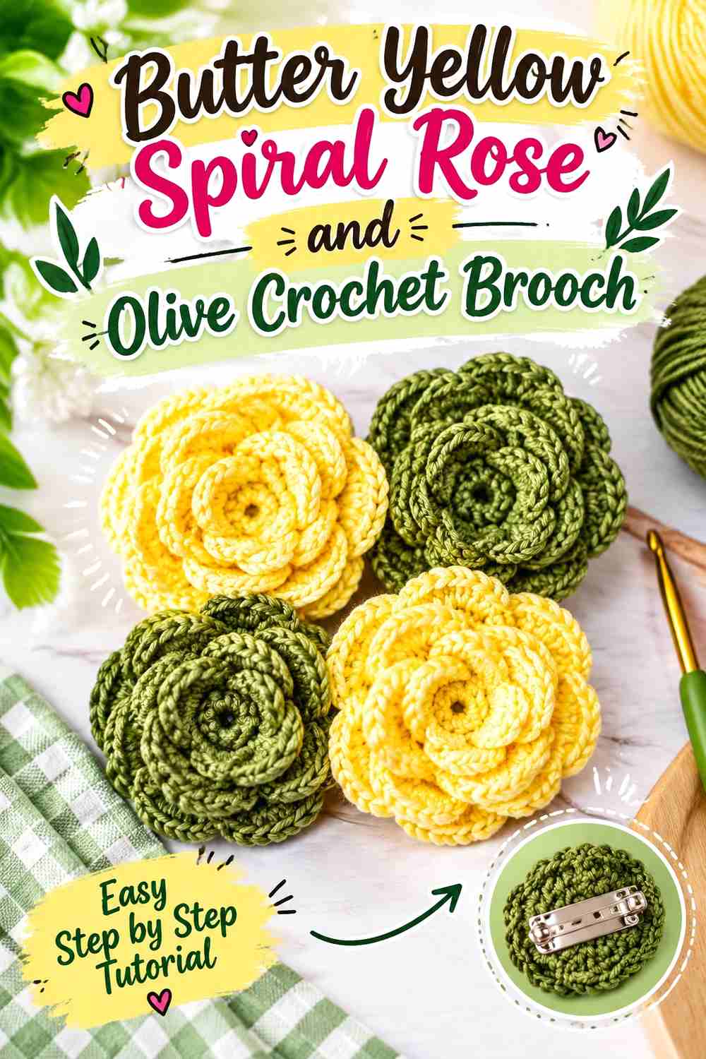 3. Butter Yellow Spiral Rose And Olive Crochet Brooch