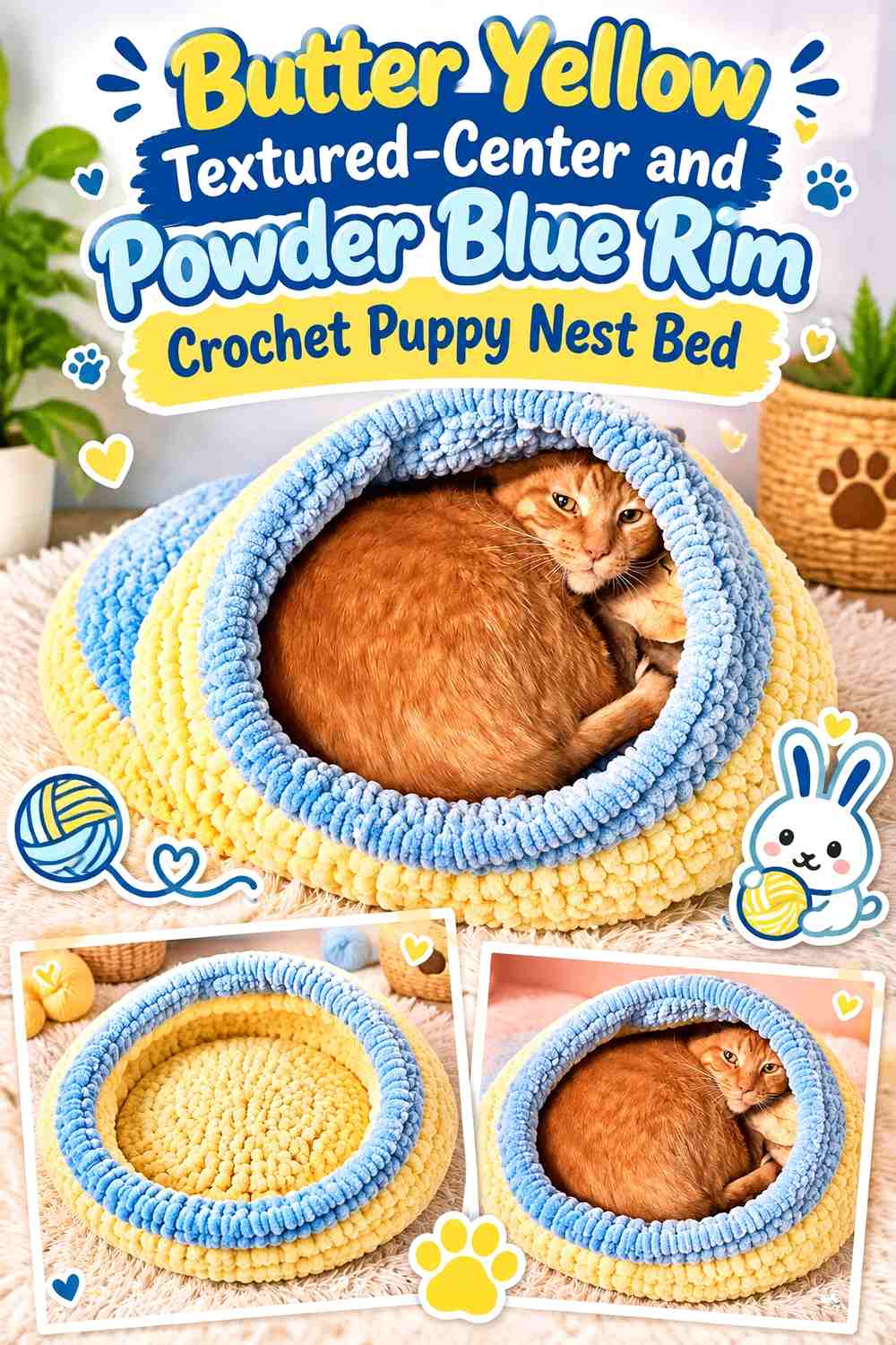 Butter Yellow Textured-Center and Powder Blue Rim Crochet Puppy Nest Bed