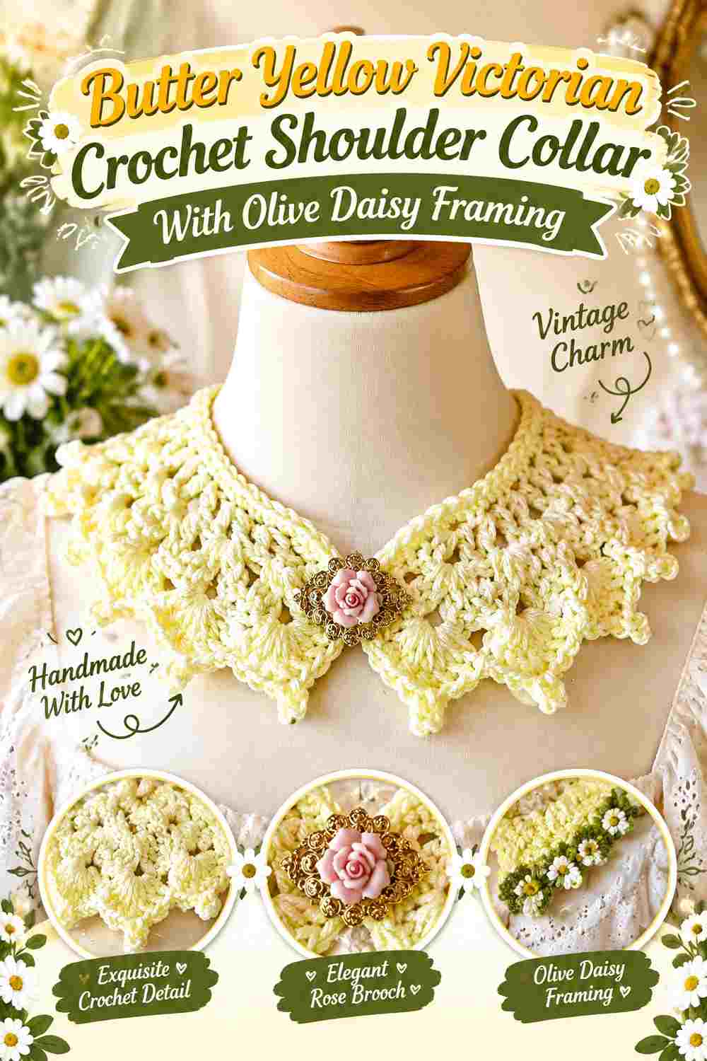 11. Butter Yellow Victorian Crochet Shoulder Collar With Olive Daisy Framing