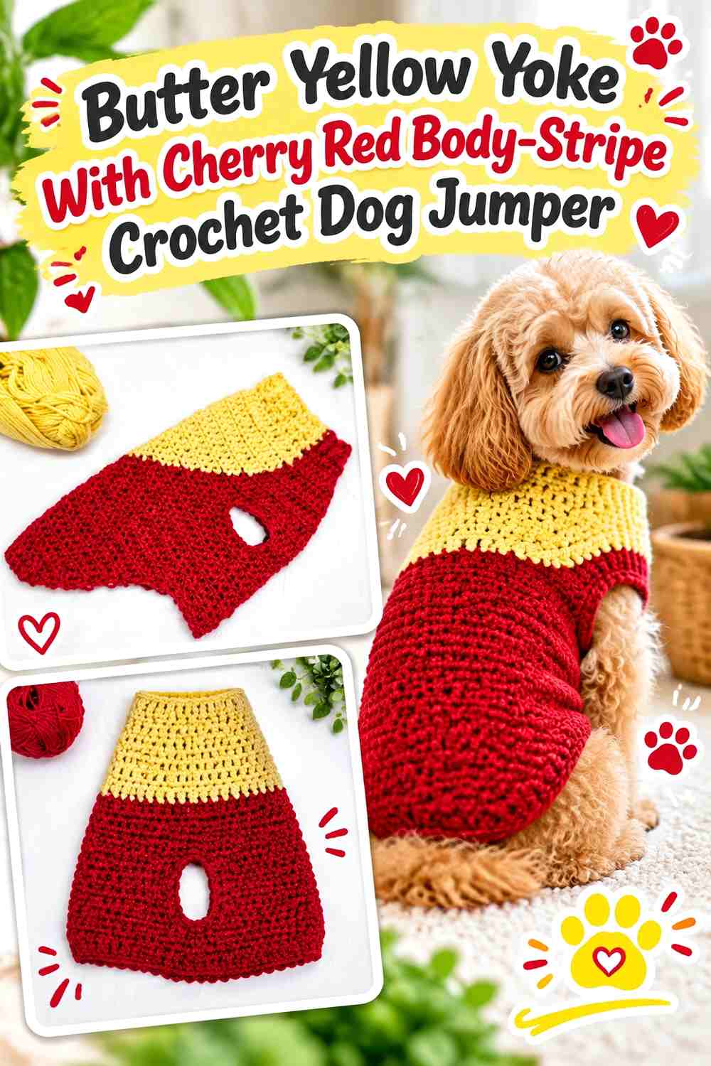 Butter Yellow Yoke With Cherry Red Body-Stripe Crochet Dog Jumper