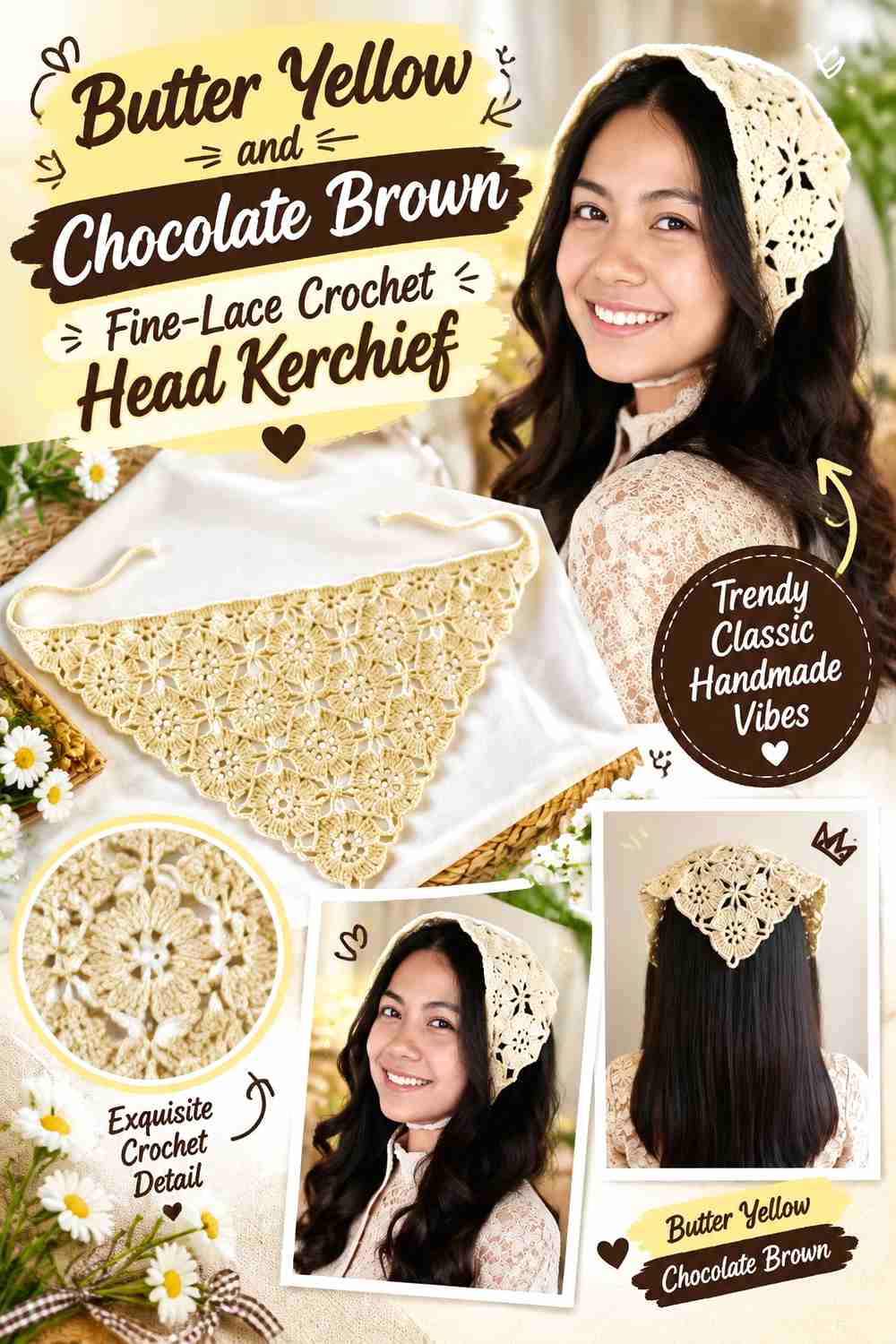 14. Butter Yellow And Chocolate Brown Fine Lace Crochet Head Kerchief
