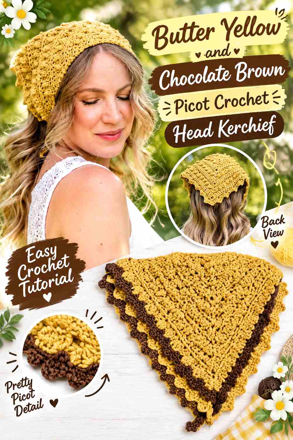 11. Butter Yellow And Chocolate Brown Picot Crochet Head Kerchief