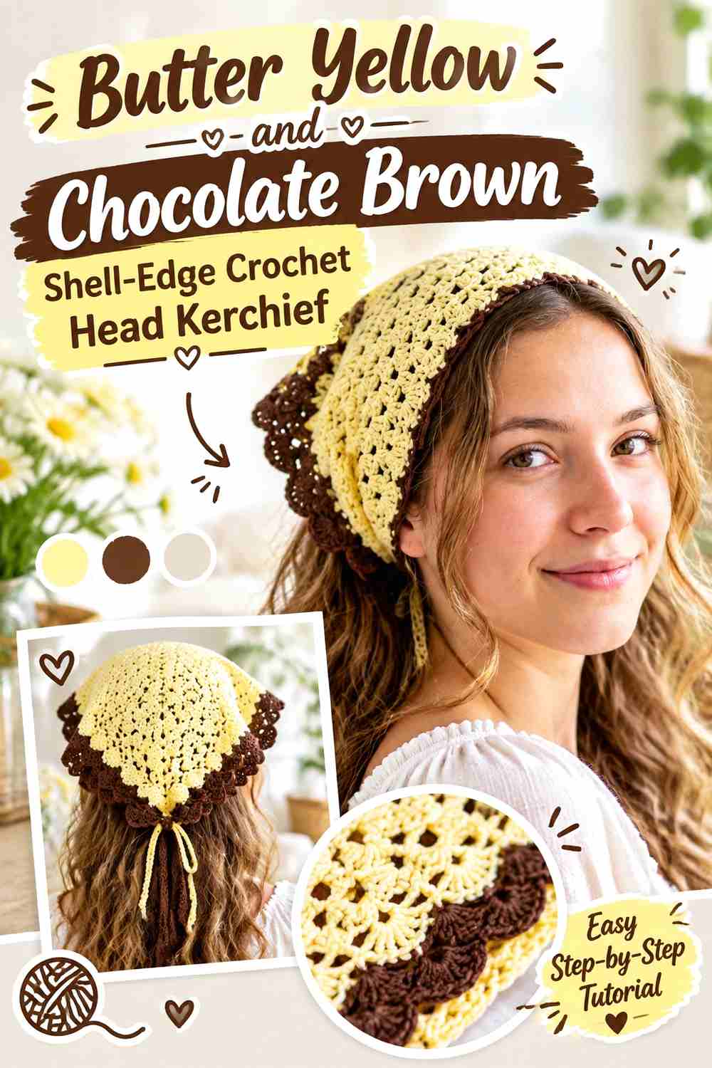 5. Butter Yellow And Chocolate Brown Shell Edge Crochet Head Kerchief