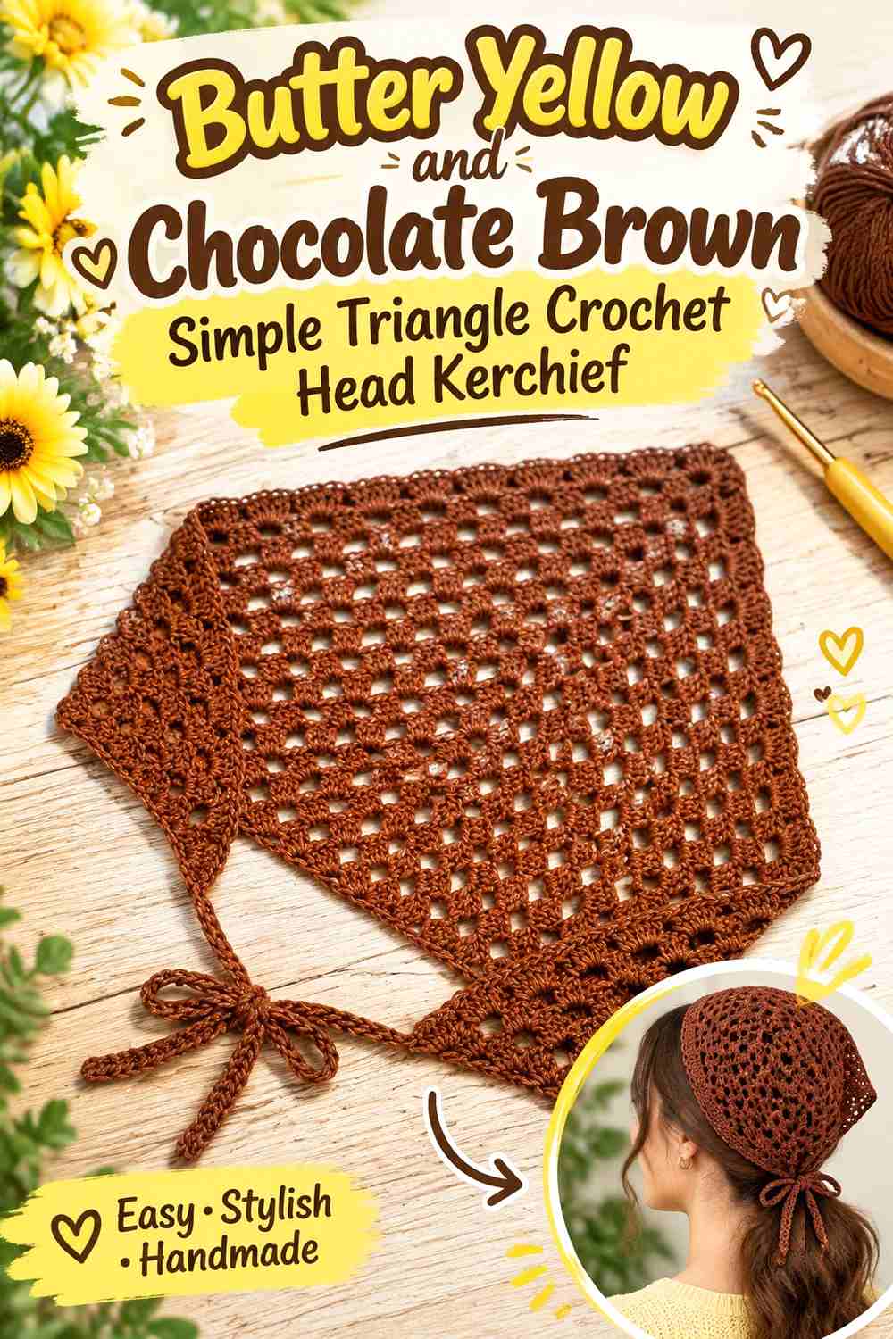 16. Butter Yellow And Chocolate Brown Simple Triangle Crochet Head Kerchief