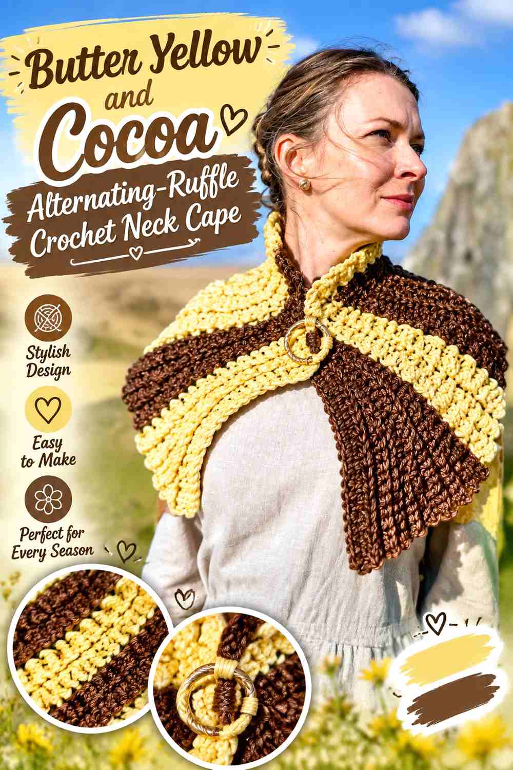 3. Butter Yellow And Cocoa Alternating Ruffle Crochet Neck Cape