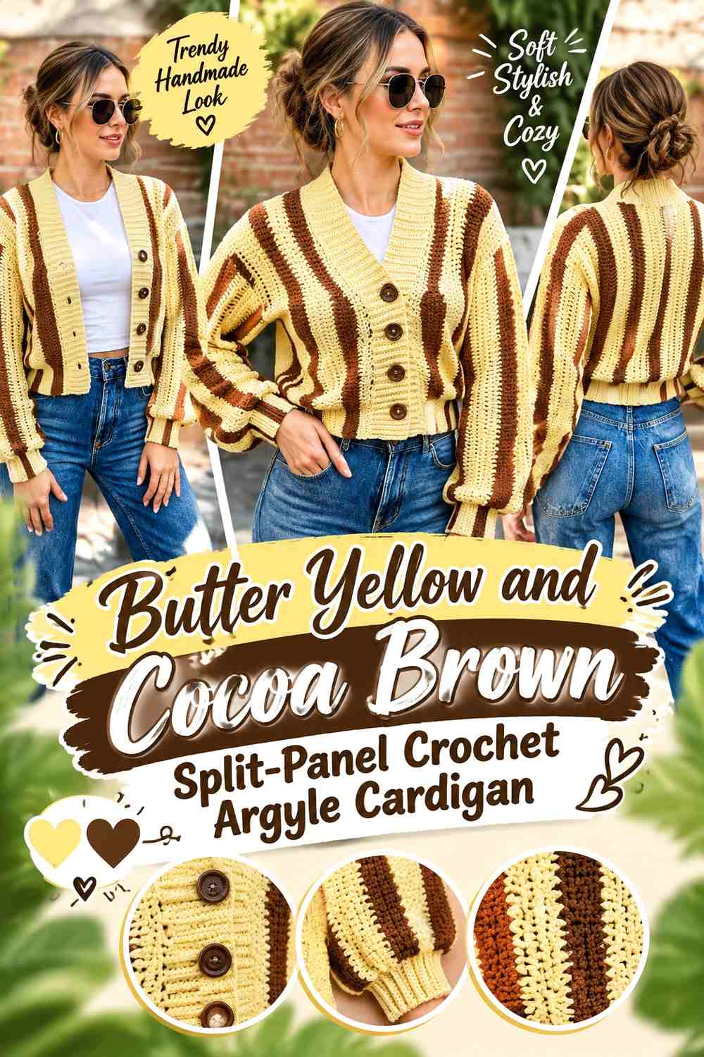 Butter Yellow and Cocoa Brown Split-Panel Crochet Argyle Cardigan