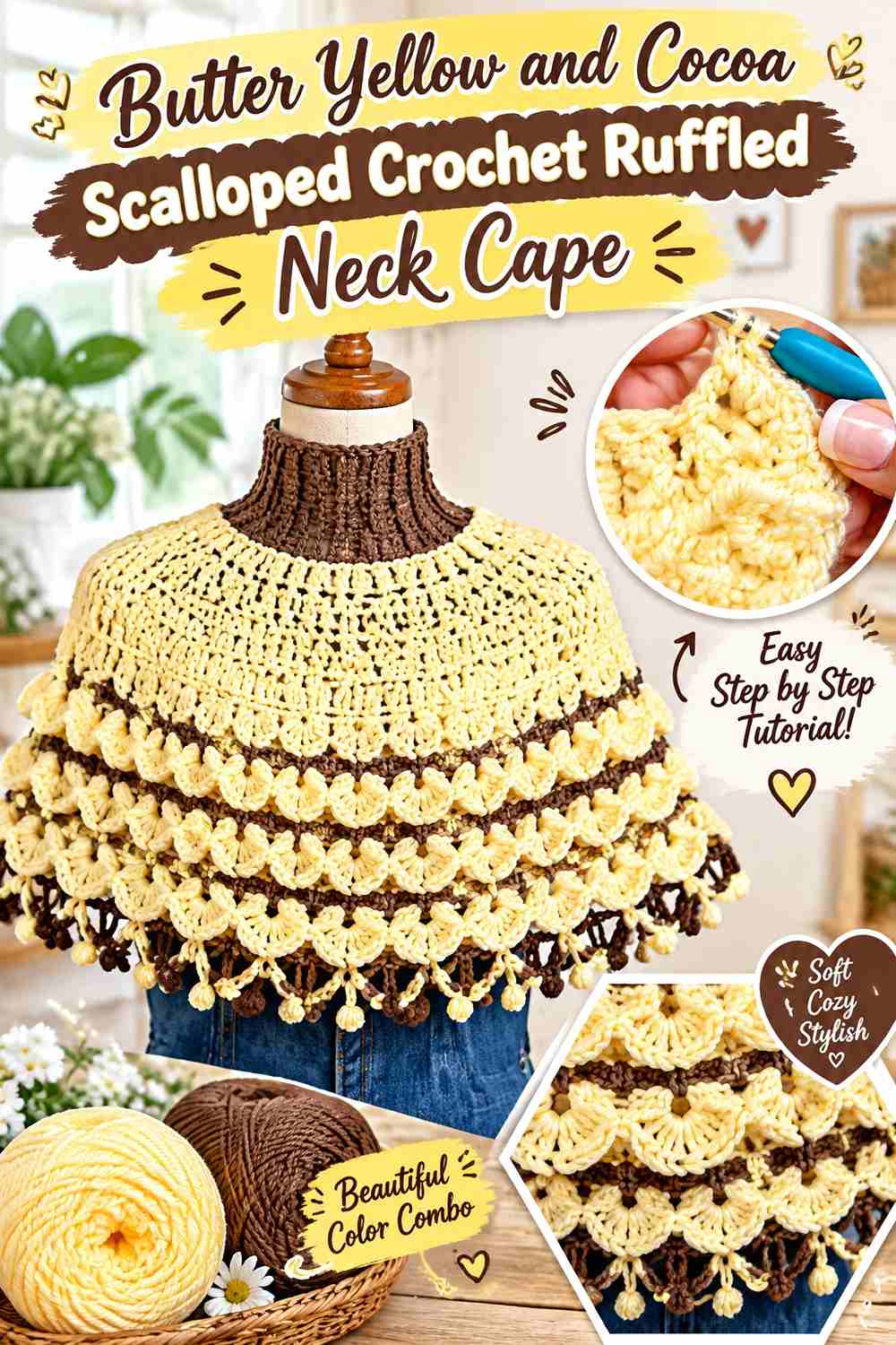 7. Butter Yellow And Cocoa Scalloped Crochet Ruffled Neck Cape