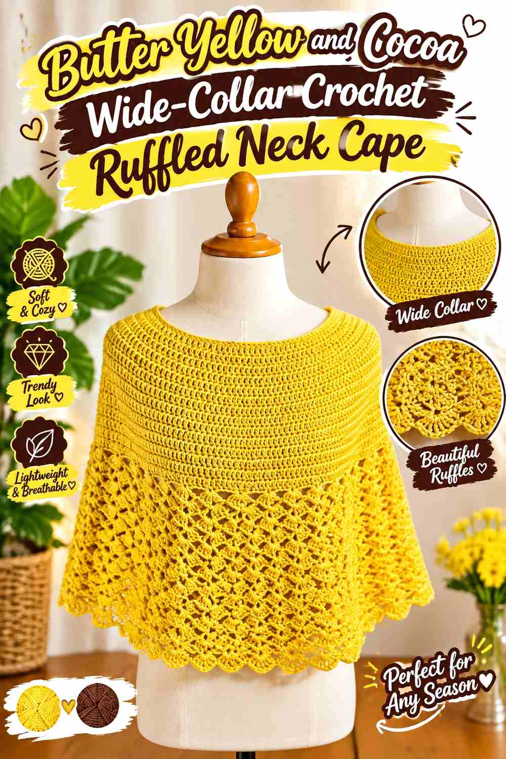10. Butter Yellow And Cocoa Wide Collar Crochet Ruffled Neck Cape