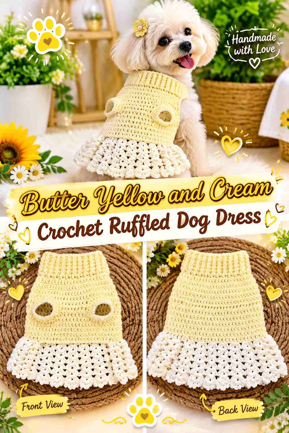 Butter Yellow and Cream Crochet Ruffled Dog Dress
