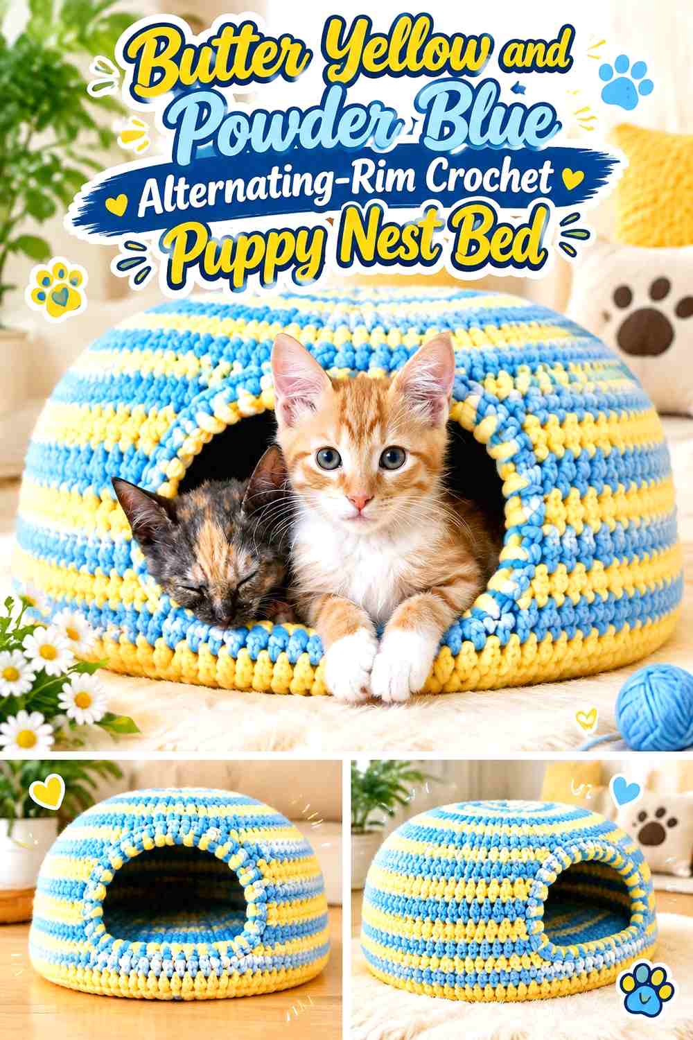 Butter Yellow and Powder Blue Alternating-Rim Crochet Puppy Nest Bed