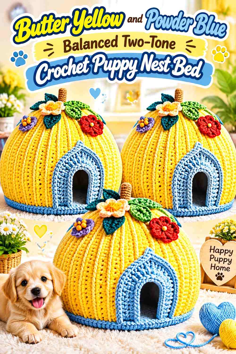 Butter Yellow and Powder Blue Balanced Two-Tone Crochet Puppy Nest Bed