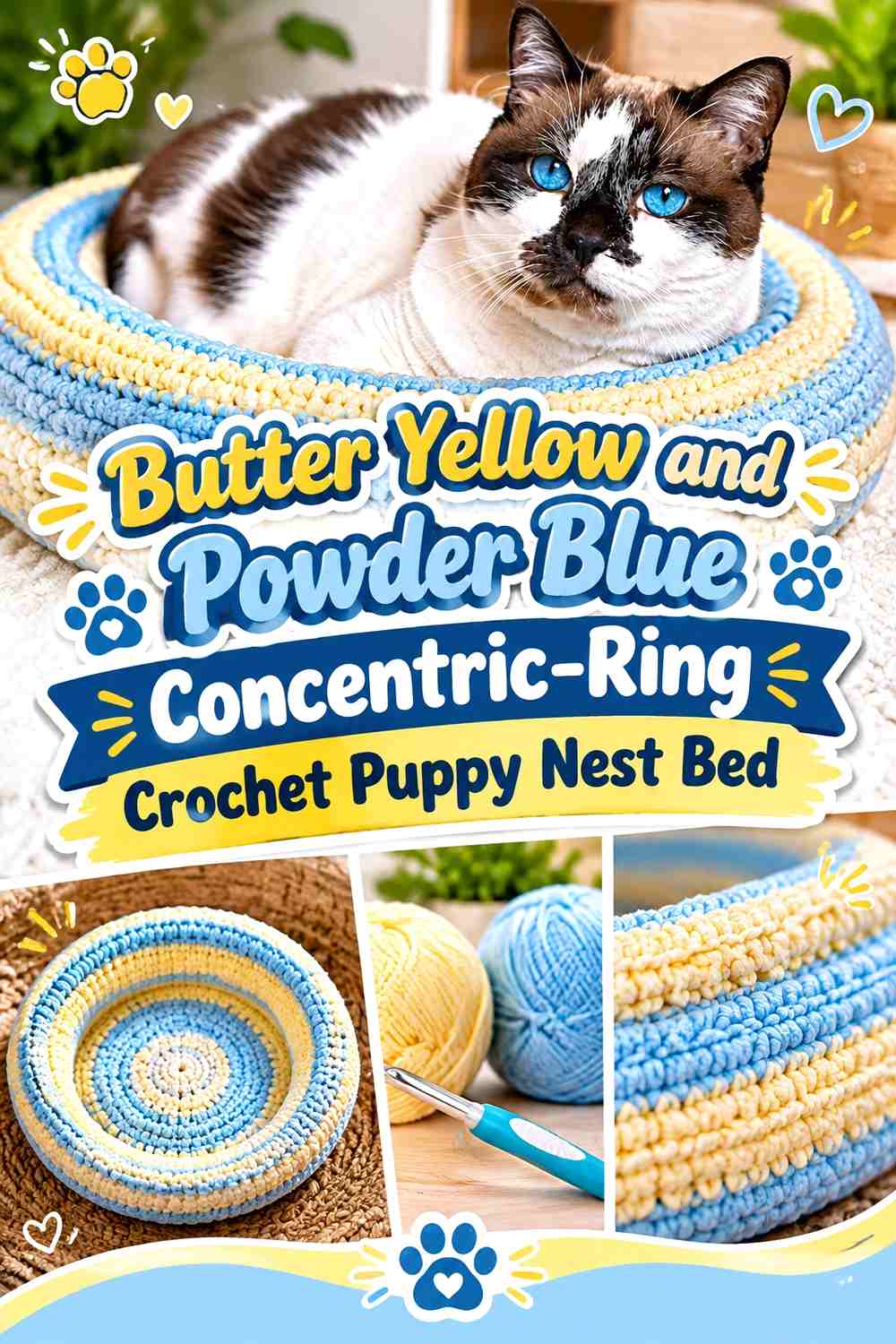 Butter Yellow and Powder Blue Concentric-Ring Crochet Puppy Nest Bed