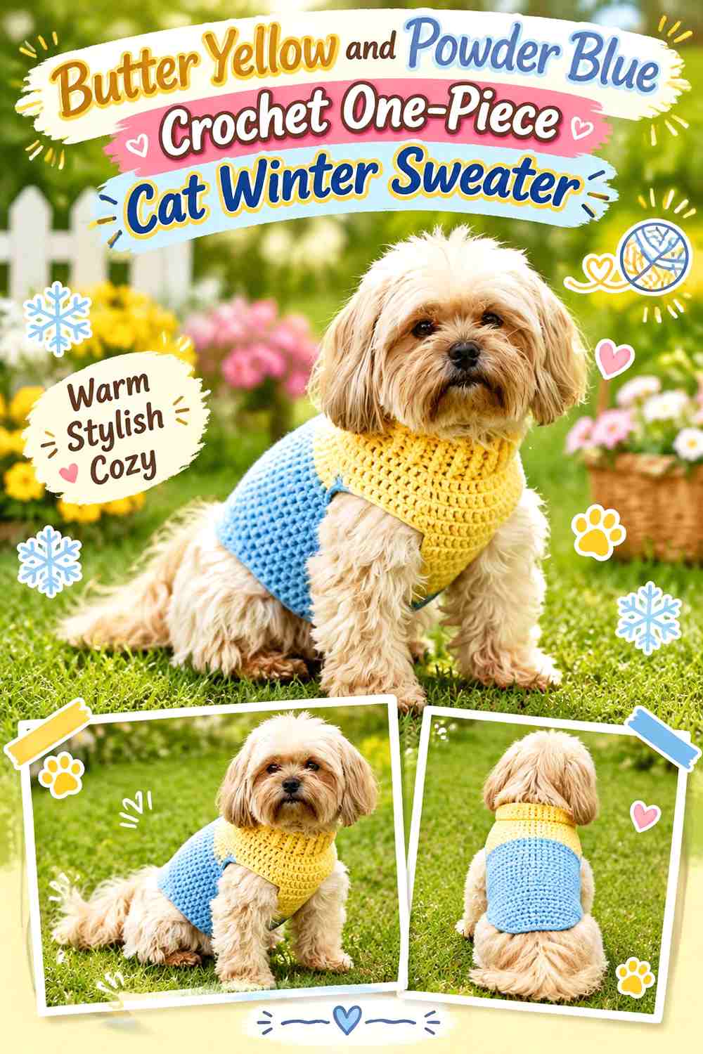 Butter Yellow and Powder Blue Crochet One-Piece Cat Winter Sweater