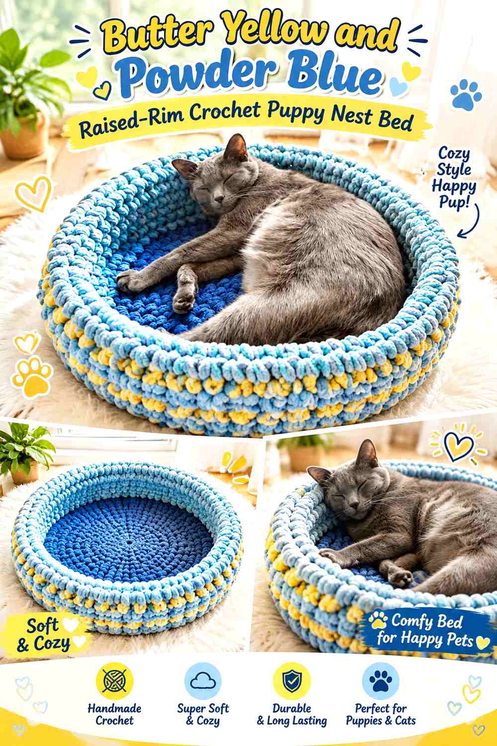 Butter Yellow and Powder Blue Raised-Rim Crochet Puppy Nest Bed