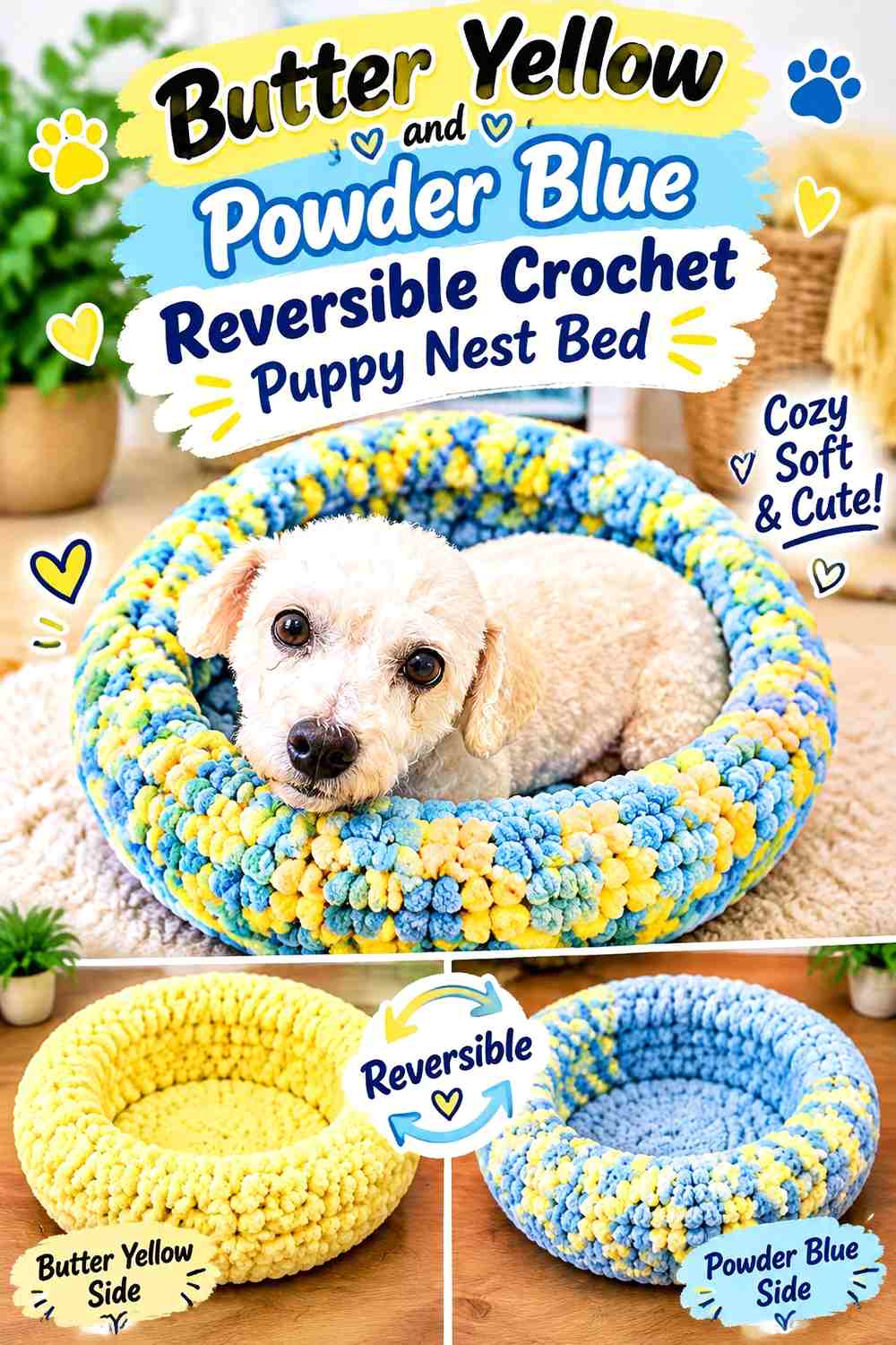 Butter Yellow and Powder Blue Reversible Crochet Puppy Nest Bed