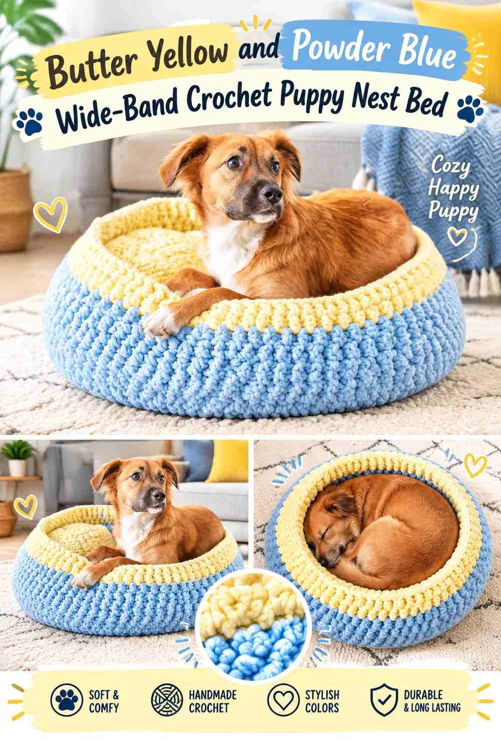 Butter Yellow and Powder Blue Wide-Band Crochet Puppy Nest Bed
