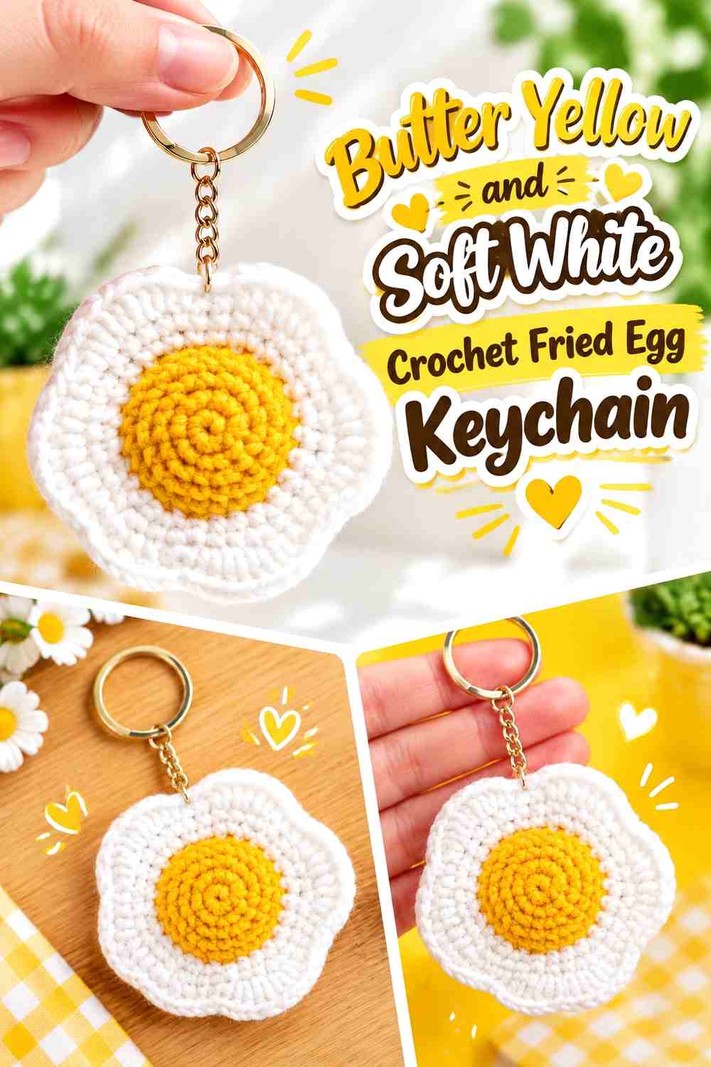 Butter Yellow and Soft White Crochet Fried Egg Keychain