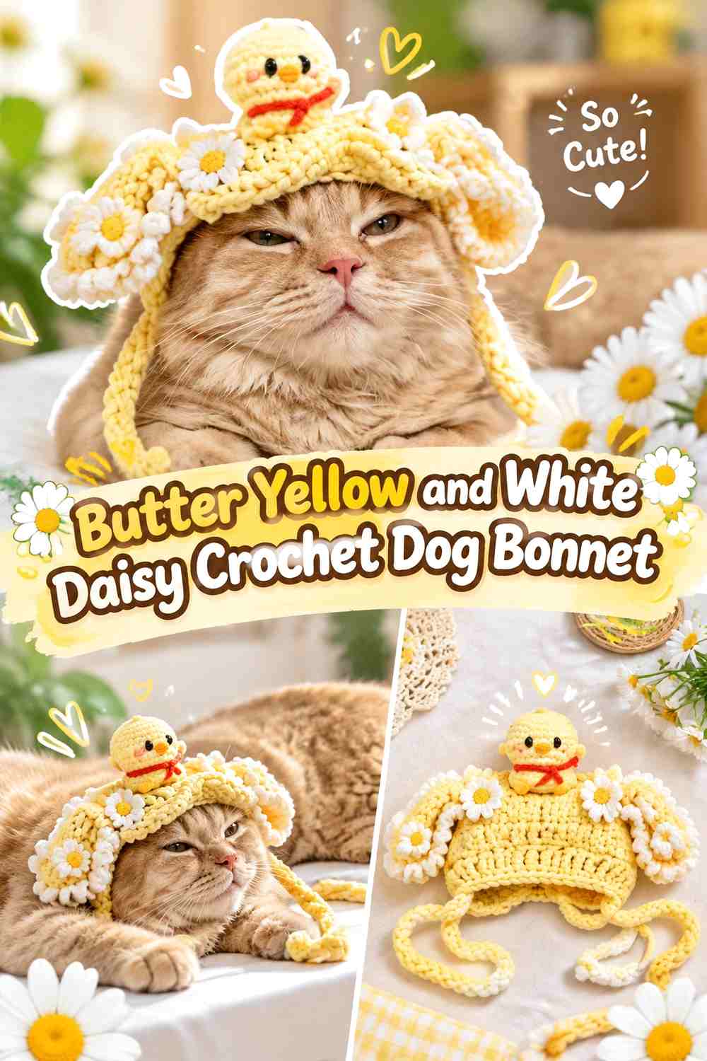 Butter Yellow and White Daisy Crochet Dog Bonnet