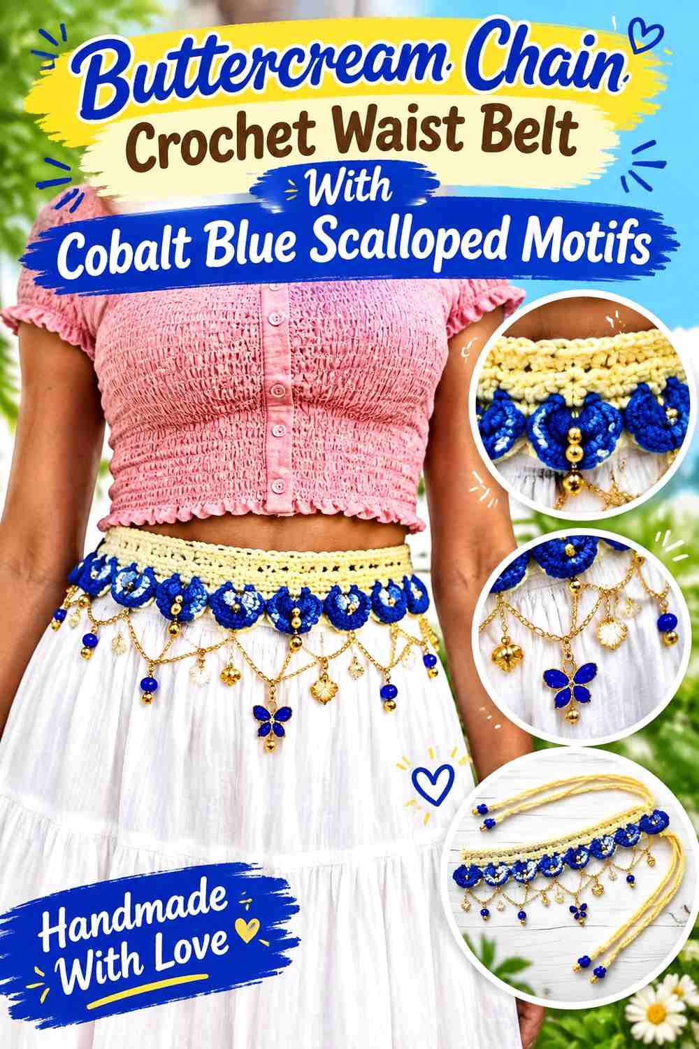 9. Buttercream Chain Crochet Waist Belt With Cobalt Blue Scalloped Motifs