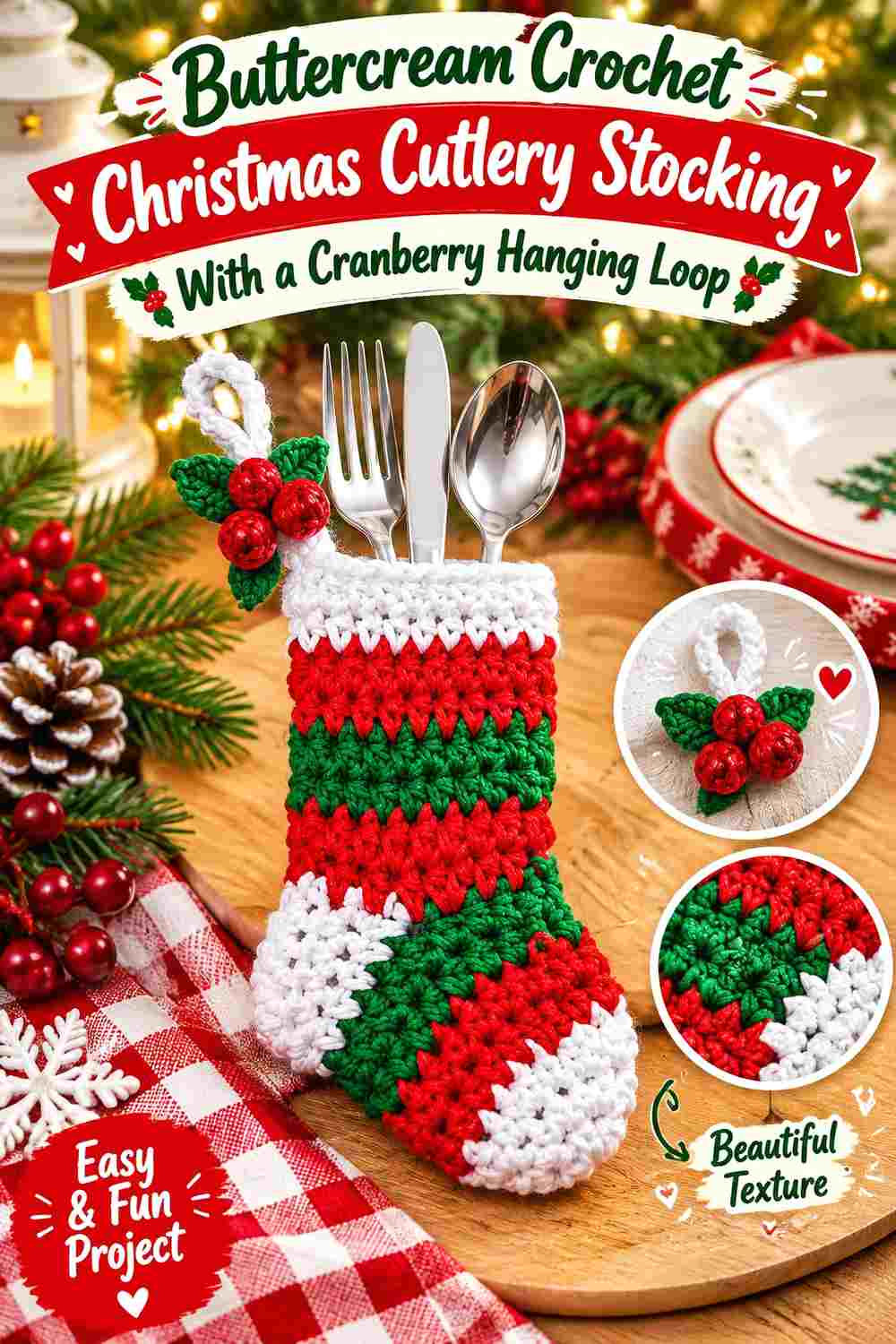 8. Buttercream Crochet Christmas Cutlery Stocking With A Cranberry Hanging Loop