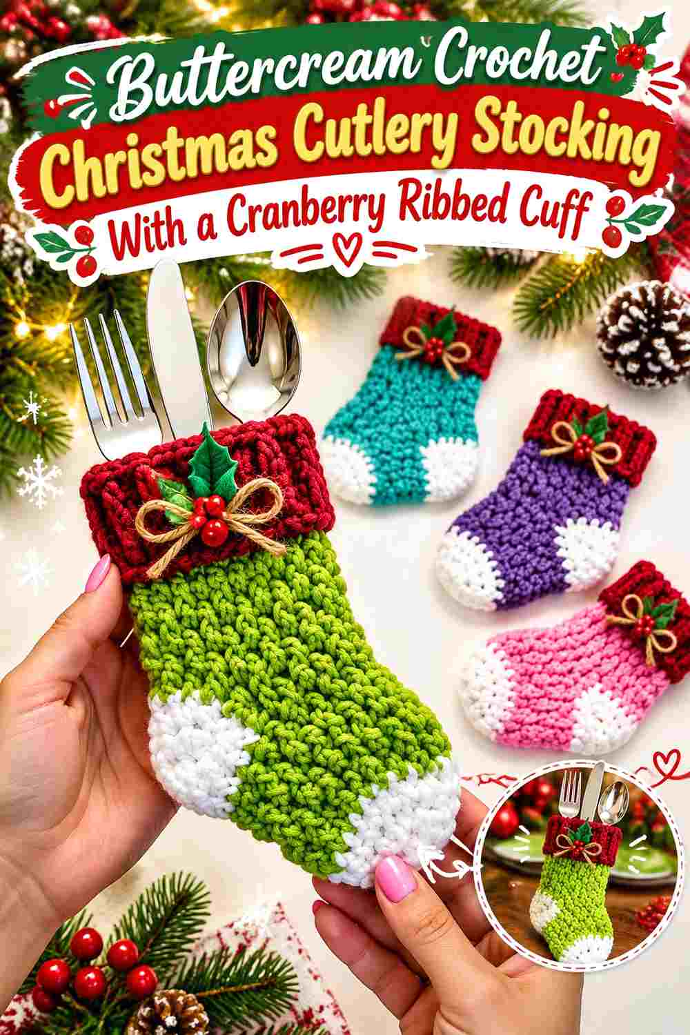6. Buttercream Crochet Christmas Cutlery Stocking With A Cranberry Ribbed Cuff
