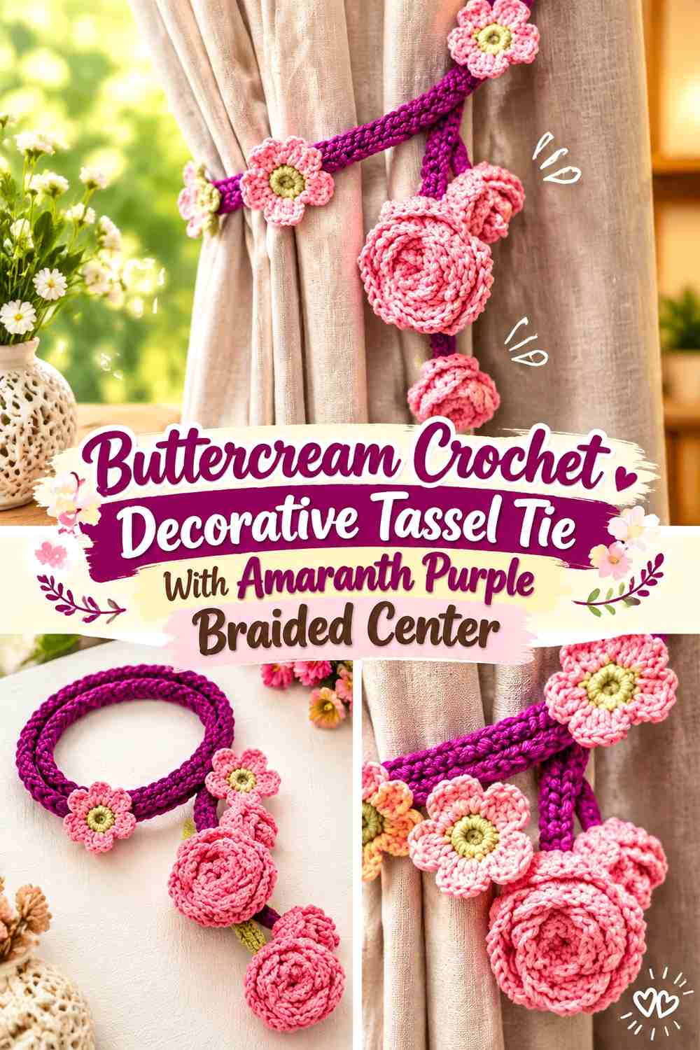 Buttercream Crochet Decorative Tassel Tie With Amaranth Purple Braided Center