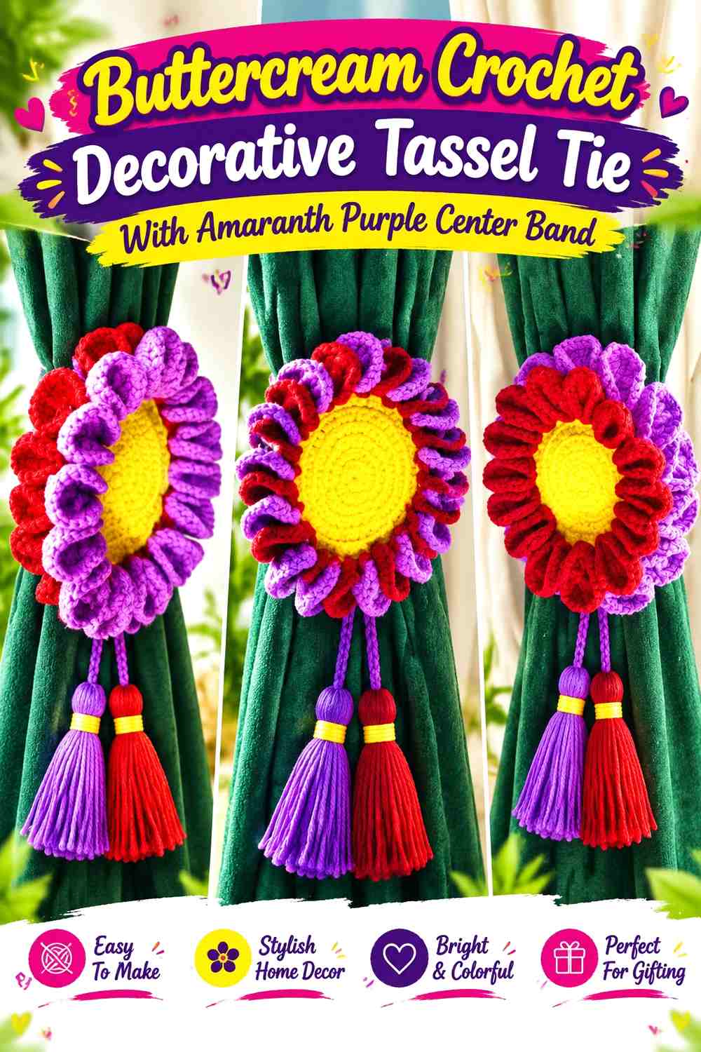 Buttercream Crochet Decorative Tassel Tie With Amaranth Purple Center Band