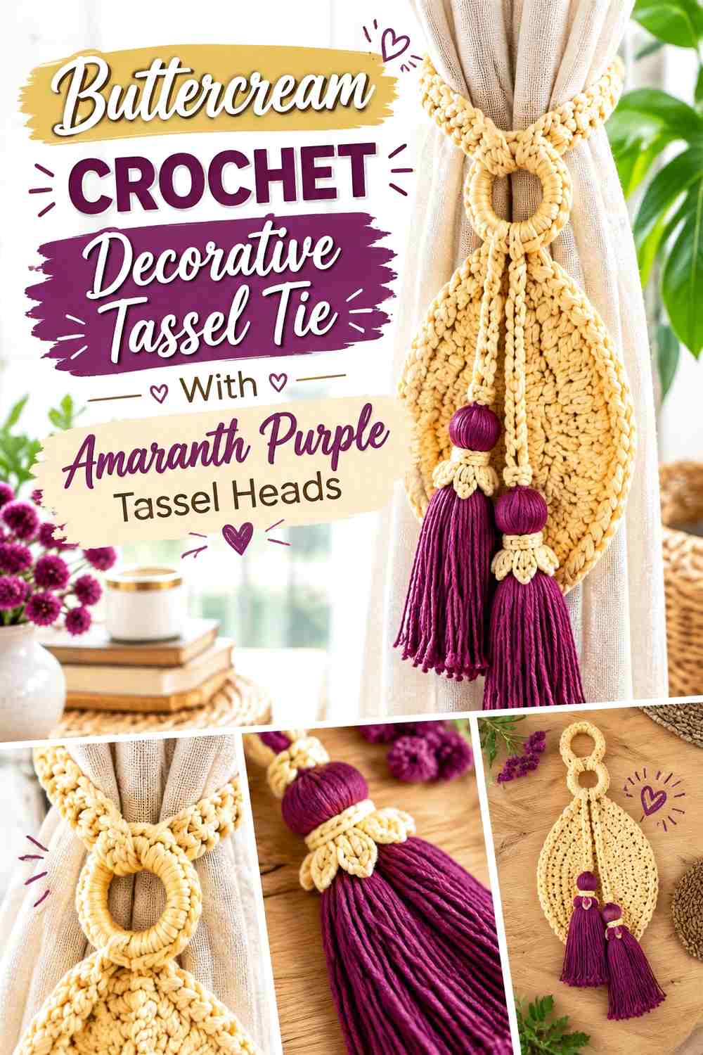 Buttercream Crochet Decorative Tassel Tie With Amaranth Purple Tassel Heads